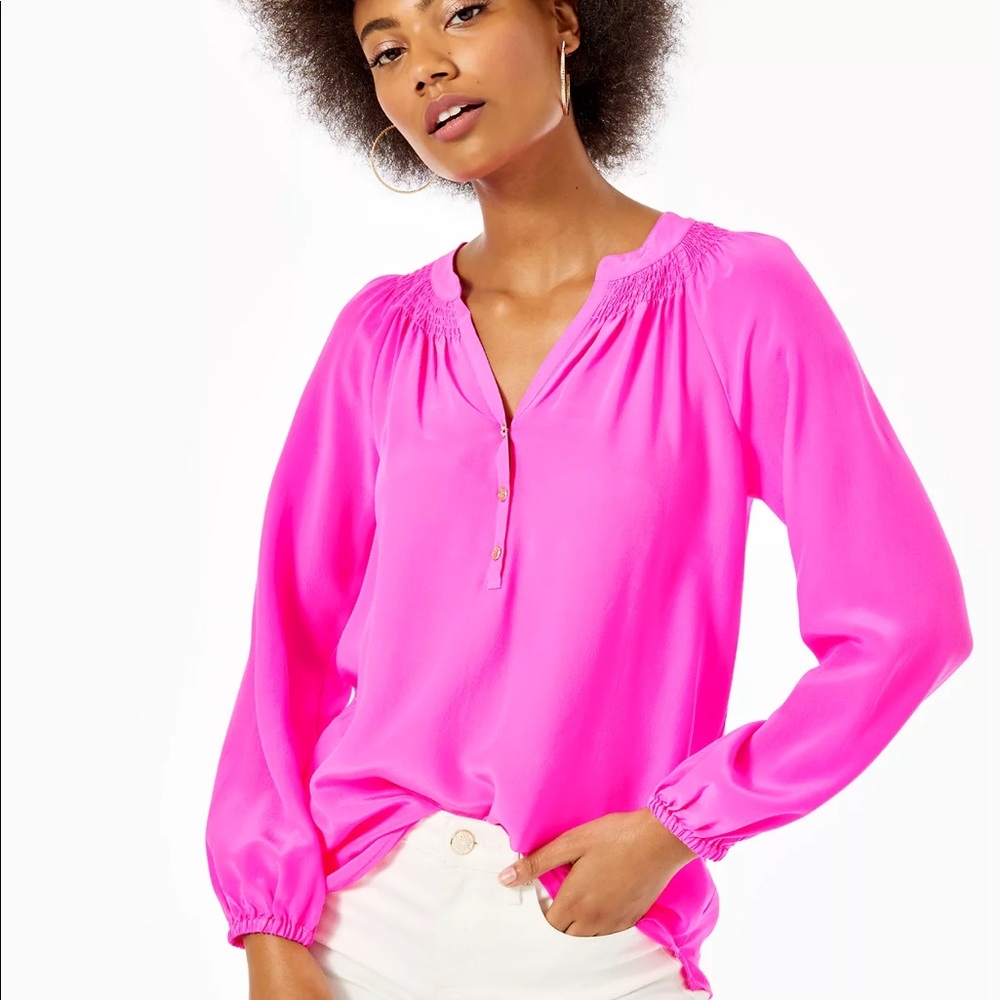 Lilly Pulitzer 100% Silk Elsa Top In Raz Berry